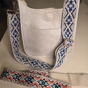 Chic White Crossbody Bag with Blue Strap